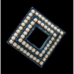 Square Rhinestone Brooch Pin With Gold Detailing & Blue Enamel Finish Vintage